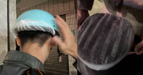GoShare頭套是套在安全帽上。(圖/Threads@pei_ru_0809授權提供)