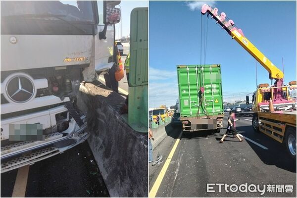 ▲▼國道1號桃園中壢段營半聯結車爆胎,擦撞自小客與內側護欄。(圖/記者楊熾興翻攝)