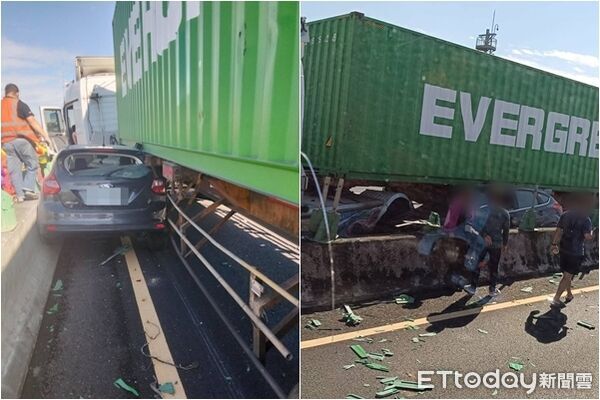 ▲▼國道1號桃園中壢段營半聯結車爆胎,擦撞自小客與內側護欄。(圖/記者楊熾興翻攝)