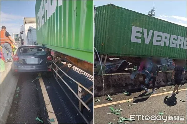 ▲▼國道1號桃園中壢段營半聯結車爆胎,擦撞自小客與內側護欄。(圖/記者楊熾興翻攝)