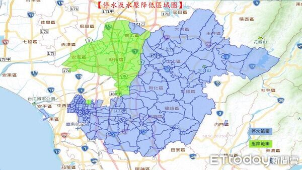 ▲台南市12月2日至3日將進行39小時停水施工,影響範圍涵蓋18行政區超過32萬戶。(圖/記者林東良翻攝,下同)