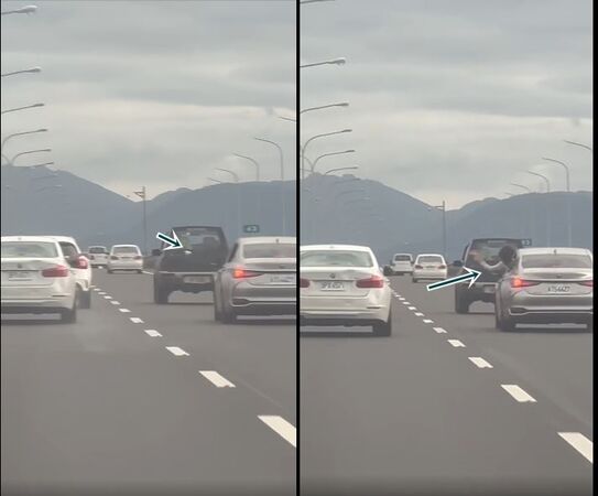 ▲白色自小客車的副駕駛座乘客與銀色自小客車後座乘客,不明原因,分別在行駛途中,互擲疑似衛生紙團(圖左箭頭)及水球(圖右箭頭)等不明物品,。(圖/擷取自《爆料公社二社》)