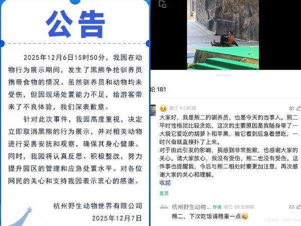 ▲「黑熊撲倒飼育員」園方稱太貪吃 惹大陸網友眾怒:抵制動物表演(圖/翻攝自小紅書)