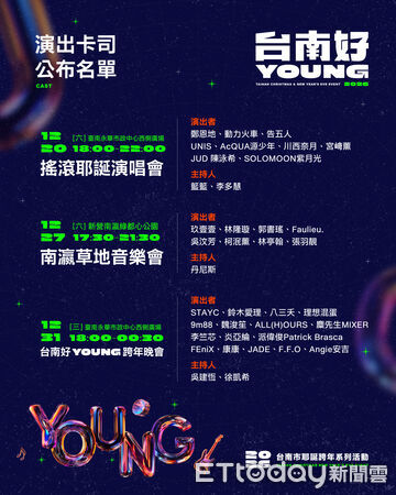 ▲台南市長黃偉哲公布「2026台南好young」跨年演唱會最終卡司,韓日港台陣容星光熠熠。(記者林東良翻攝,下同)