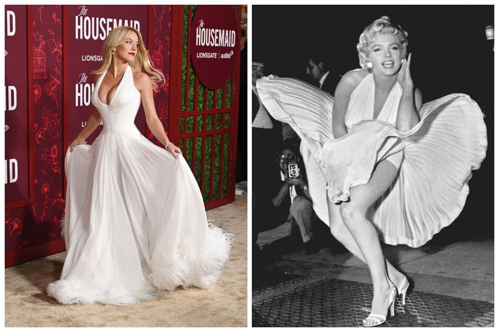 席德妮史威尼的紅毯造型,被指向瑪麗蓮夢露致敬。(翻攝housemaidmovie IG、NBC Bay Area臉書)