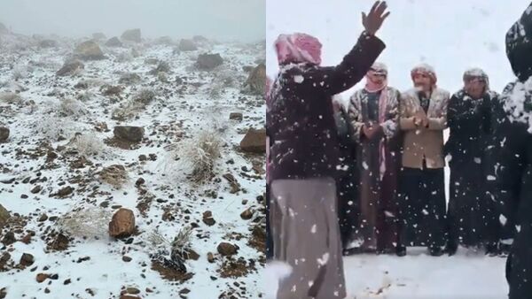 ▲▼沙烏地阿拉伯下雪了!沙漠變身銀白大地 雪花飄飄在地人嗨翻。(圖/翻攝X)