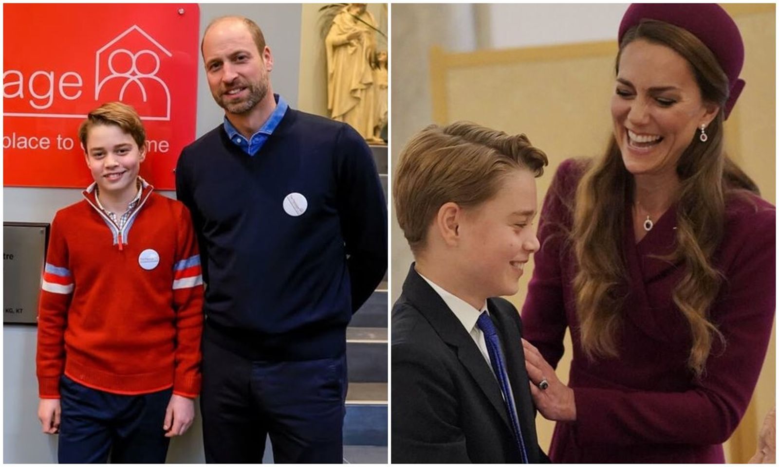 喬治王子早前跟爸爸威廉王子探訪無家可歸者(左圖),身上的紅色上衣吸引消費者搶購,頗有媽媽凱特王妃(右圖)風範。(翻攝princeandprincessofwales IG)