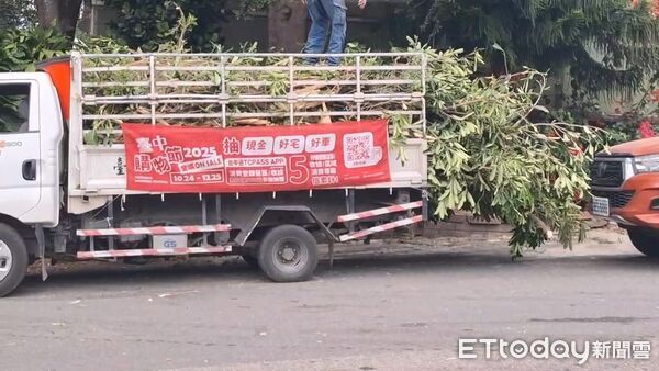 ▲▼吊車停等紅燈竟「倒退嚕」300公尺,司機撞倒整排路樹長按喇叭示警。(圖/民眾提供,下同)