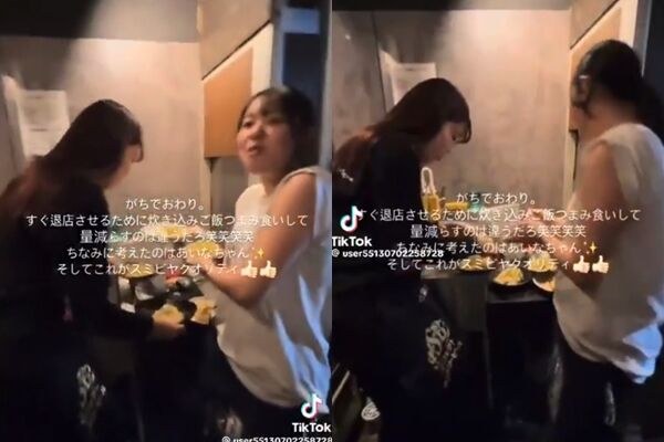 ▲日居酒屋女員工「徒手抓客人餐點」集體塞嘴裡! 超噁影片曝光。(圖/翻攝自X)