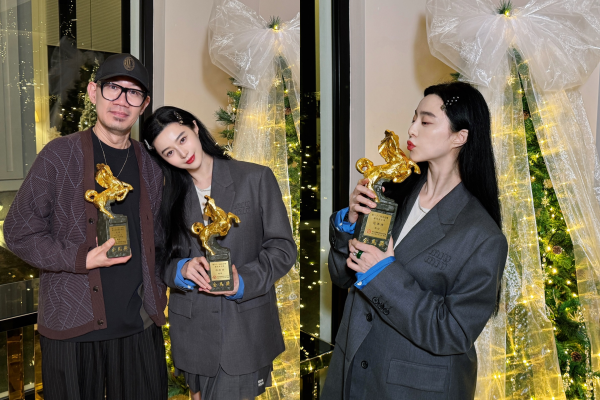 ▲范冰冰開心在Threads連發8張與金馬獎盃的合照,但到微博同一篇文,只剩她的自拍照。(圖/翻攝自范冰冰Threads、微博)