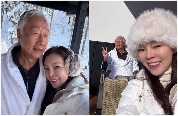 曾馨瑩和郭台銘享受度假時光,郭台銘穿著浴衣,頂著白髮,神態輕鬆。(翻攝曾馨瑩IG)