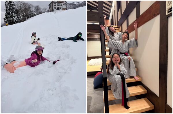 3個孩子在雪地裡嬉戲、在旅宿裡合照,幸福可愛。(翻攝曾馨瑩IG)