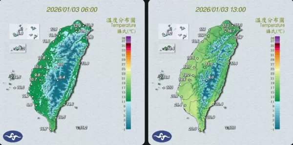 ▲▼今晨6時和下午1時的溫度震盪10度,高雄溫差更高達近13度。(圖/Threads/台灣颱風論壇|天氣特急)