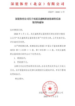 ▲WCBA對武漢盛帆女籃進行罰款與懲處。(圖/深藍體育)