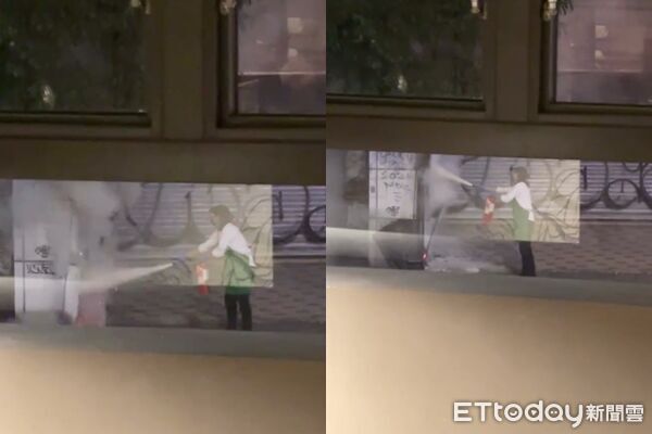 ▲▼星巴克員工拿著滅火器撲救,熟練姿勢被讚爆。(圖/Threads網友388655授權提供,請勿隨意翻拍以免侵權)
