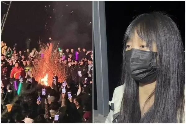 1名暱稱「呆呆」(右圖)的女子,「撂人按豬」闖大禍,短短2天就吸萬人擠爆家門,外成為最有人情味的年俗盛會。(翻攝自瀟湘晨報)