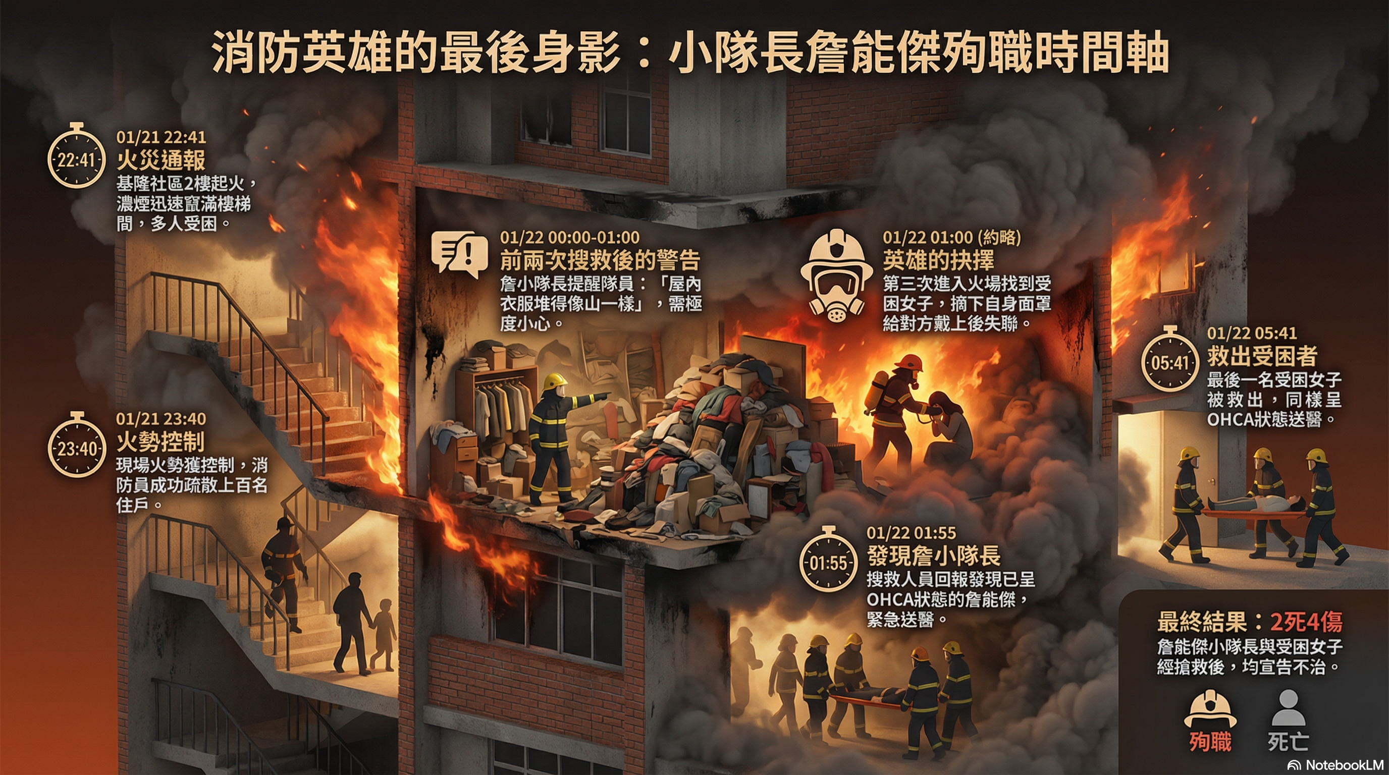 ▲▼基隆2死4傷惡火時間序。(AI協作圖/記者羅雨恆製作,經編輯審核)