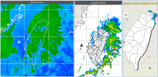 ▲▼今(24日)晨4:30紅外線色調強化雲圖顯示,臺灣上空有鬆散雲層(左圖)。4:30雷達回波合成圖顯示,大台北東側、東半部有降水回波(中圖)。4:30累積雨量顯示,大台北東側及宜蘭局部降雨(右圖)。(圖/洩天機教室)