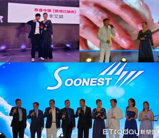 ▲左上圖捷迅副總經理李家慧(右,董事長夫人)與抽到10萬元最大獎的員工李艾庭合影;右上圖李家慧與亞太區總經理李家(左)一同獻唱獻唱,下圖捷迅董事長顧城明(中)帶領高階主管敬酒。(圖/記者張佩芬攝)