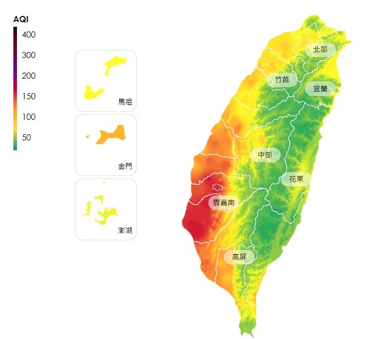 ▲▼中南部空氣品質差。(圖/翻攝環境部空品網)