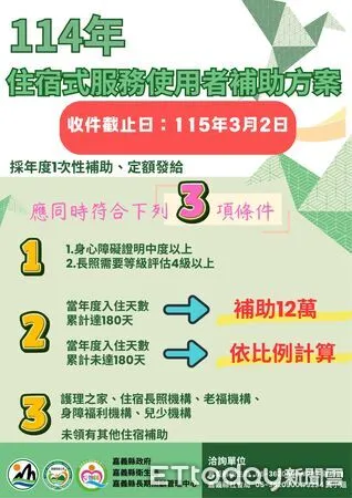 ▲▼ 嘉縣提醒住宿長照機構最高12萬補助3月2日截止 。(圖/嘉義縣政府提供)