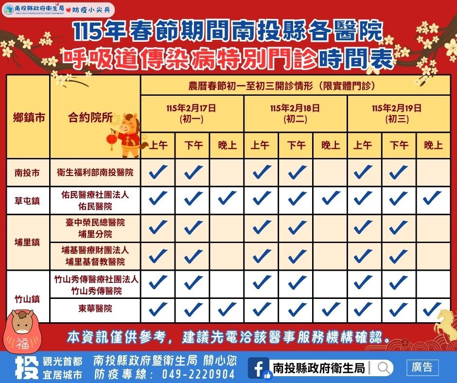 ▲春節防疫不打烊,快樂出遊不馬虎,縣府衛生局籲打疫苗健康過好年。(圖/南投縣衛生局提供)