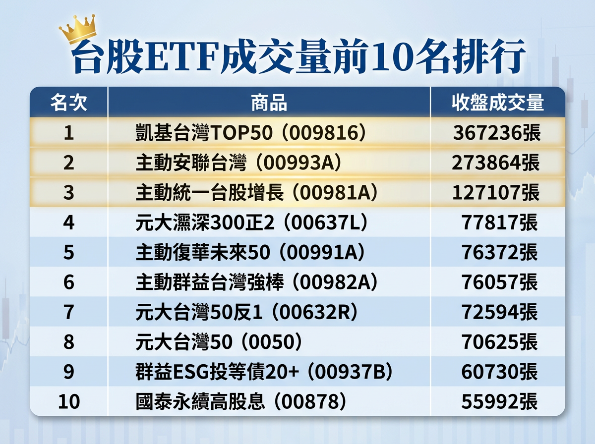 ▲▼台股ETF成交排行榜。(圖/AI製表)