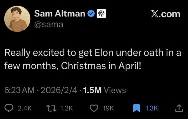 ▲OpenAI執行長發文開酸馬斯克。(圖/翻攝X)