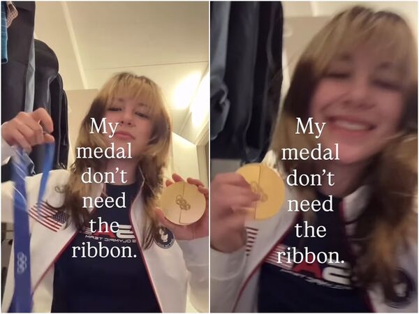 ▲▼美國花式滑冰團體賽金牌選手劉美賢(Alysa Liu)獎牌也斷裂,幽默PO文「我的獎牌不需要繫帶」。(圖/翻攝alysaxliu Instagram)