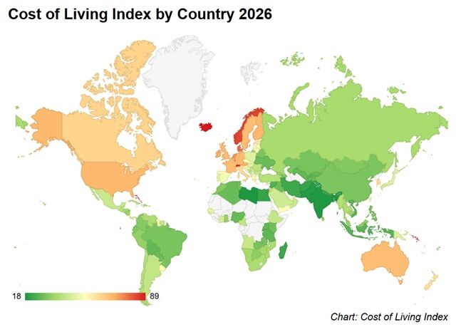 ▲▼2026全球生活成本指數! 「台灣排名出爐」超越日本。(圖/翻攝numbeo.com)