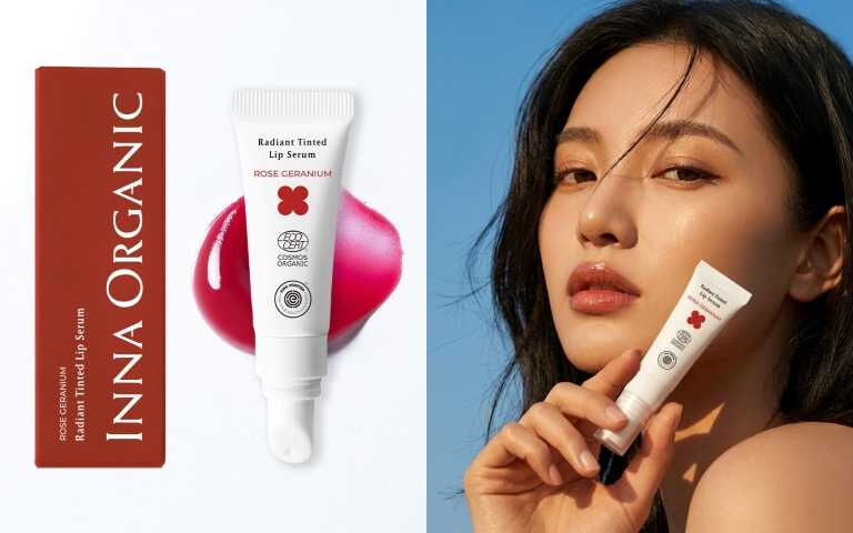 童顏有機INNA ORGANIC 玫瑰天竺葵好氣色舒緩潤唇精華10ml / 690元。(圖/品牌提供)
