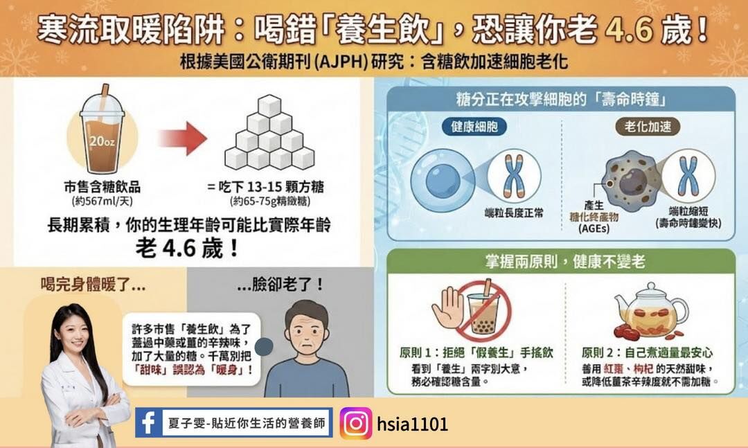 ▲▼研究:一杯含糖飲恐讓生理年齡老4.6歲 。(圖/翻攝自fb/營養師夏子雯)
