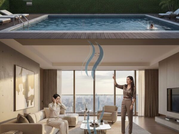 ▲▼內湖1億元頂樓豪宅屋主控訴,樓上泳池活動聲響像拍籃球,室內測得低頻噪音逾40分貝。(AI協作圖/記者董美琪製作,經編輯審核)