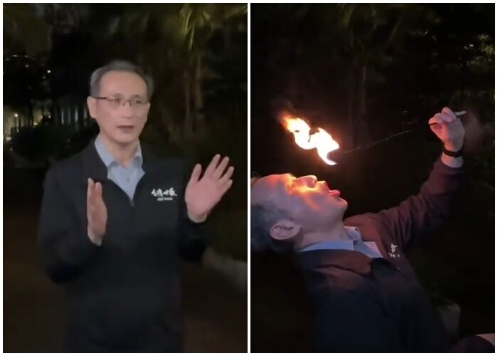 ▲▼前立委鄭運鵬接任台灣世曦董事長後,在公司尾牙親自表演吞火,震撼全場。(圖/翻攝自Threads/niceponpon0602)