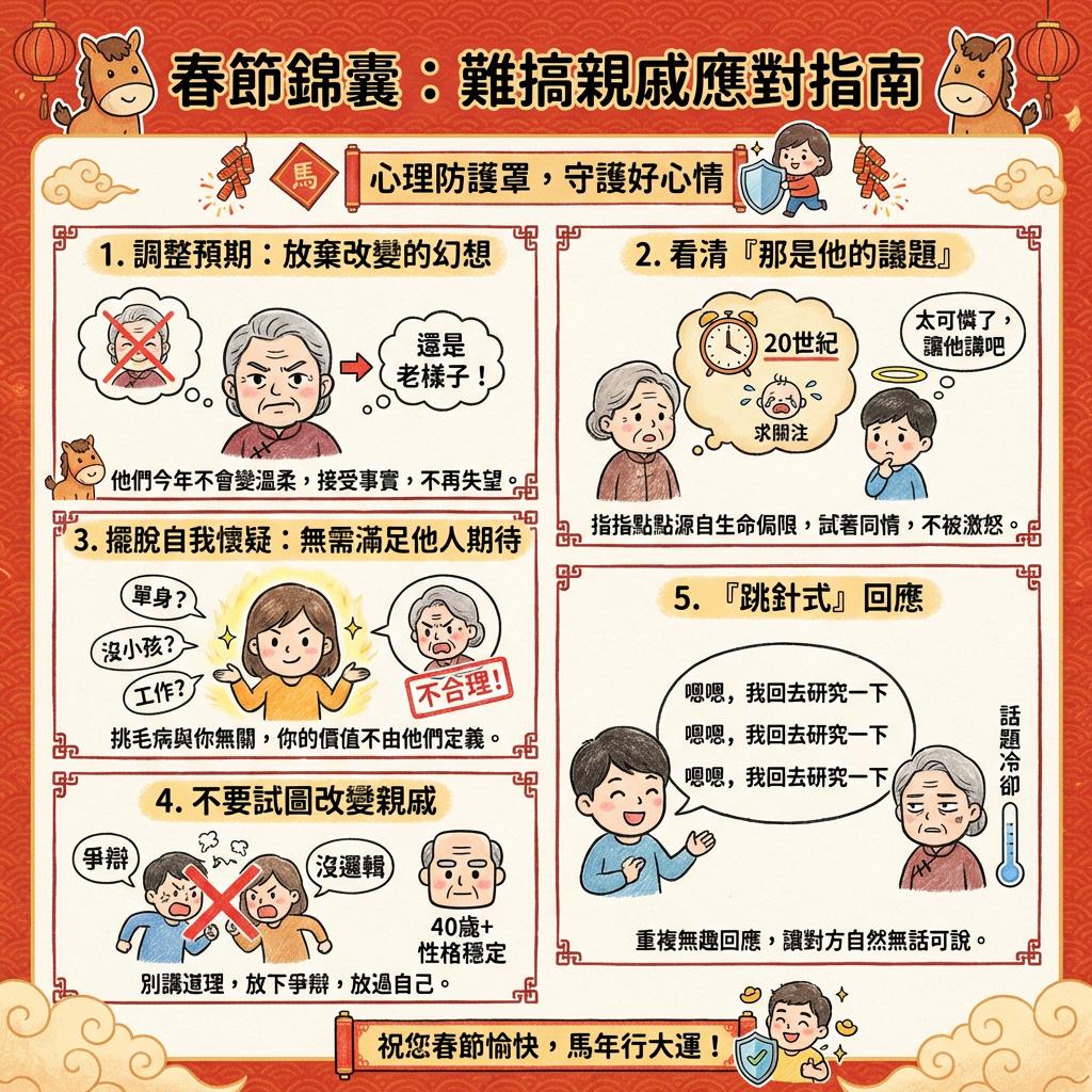 ▲心理師盧美妏提供春節錦囊,以5大心法應對難搞親戚。(AI協作圖/記者陳致平製作,經編輯審核)