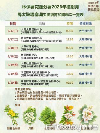 ▲▼花蓮分署3月份贈苗活動計24場一覧表。(圖/花蓮分署提供,下同)