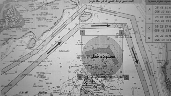 ▲▼伊朗伊斯蘭革命衛隊(IRGC)海軍發布一張地圖,為通行荷莫茲海峽(Strait of Hormuz)的船隻指示「替代航線」,協助避開水雷。(圖/翻攝eghtesadnews.com)