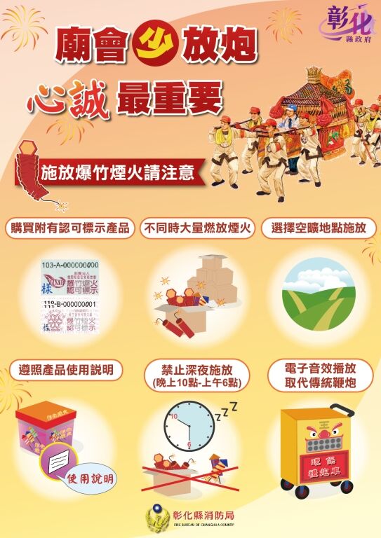 ▲彰化縣消防局宣導大甲媽祖繞境期間禁止燃放鞭炮。(圖/消防局提供)