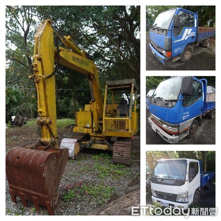 ▲▼花蓮分署首度以空拍視野拍攝3輛貨車及1台挖土機,提供應買搶標民眾參考。(圁/花蓮分署提供,下同)