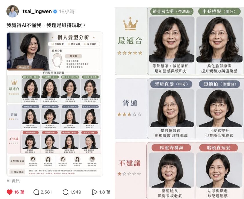▲▼蔡英文,AI造型師,髮型咒語,ChatGPT,Gemini。(圖/記者楊智雯翻攝)