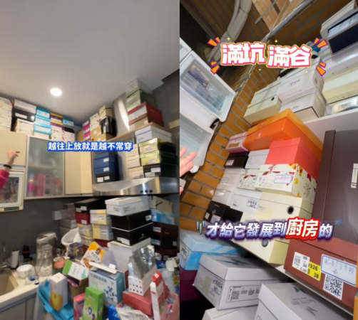 ▲▼寇乃馨家中廚房「全塞鞋盒」200行李箱堆滿3房。(圖/翻攝自Facebook/寇乃馨)