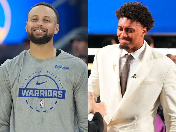 ▲柯瑞(Stephen Curry)、勇士新秀藍德柏格(Yaxel Lendeborg)。(合成圖/達志影像/美聯社)
