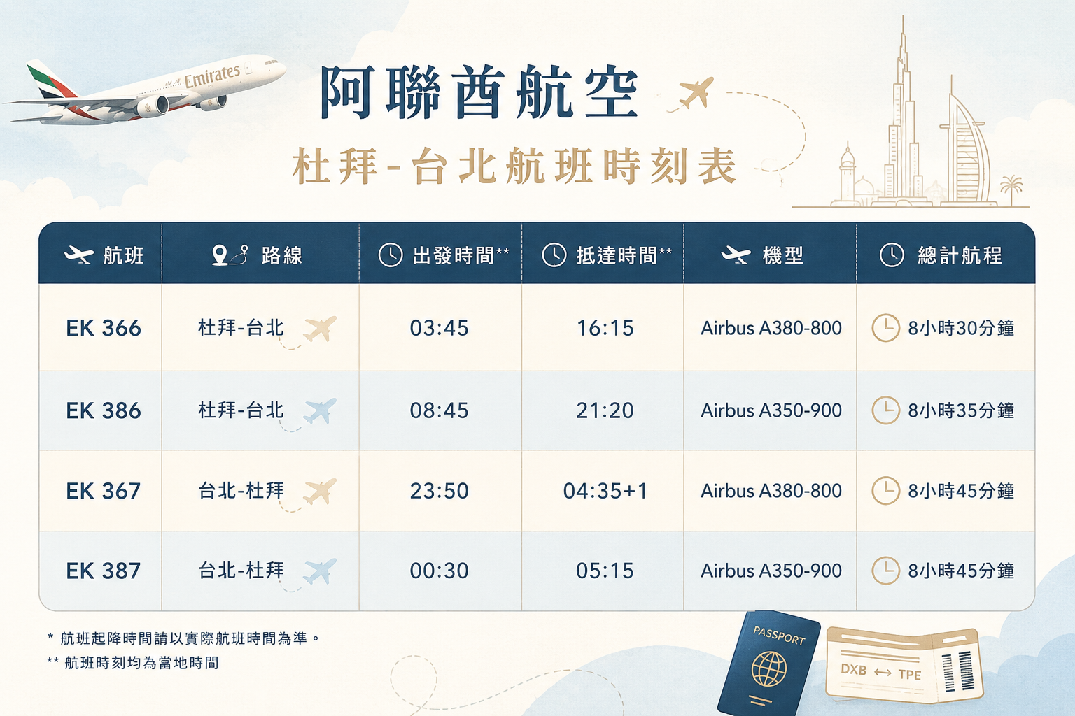 ▲▼阿聯酋航空時刻表。(AI協作圖/記者蔡玟君製作,經編輯審核)