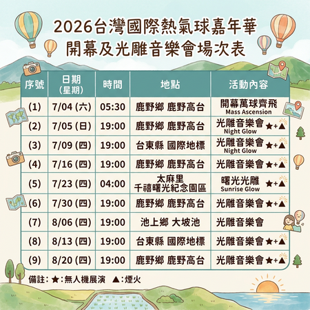 ▲▼台灣國際熱氣球嘉年華光雕音樂會場次。(AI協作圖/記者蔡玟君製作,經編輯審核)