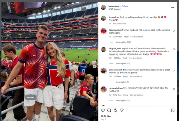 ▲挪威前鋒索爾洛特(Alexander Sørloth)女友塞爾娜斯(Lena Selnes)社群也遭到憤怒網友洗版。(圖/翻攝自IG/Lena Selnes)