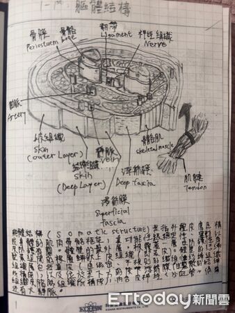 ▲胡鈞翔受到父親影響,會自行翻閱人體構造學書籍並描繪做筆記。(圖/胡奕璿提供)