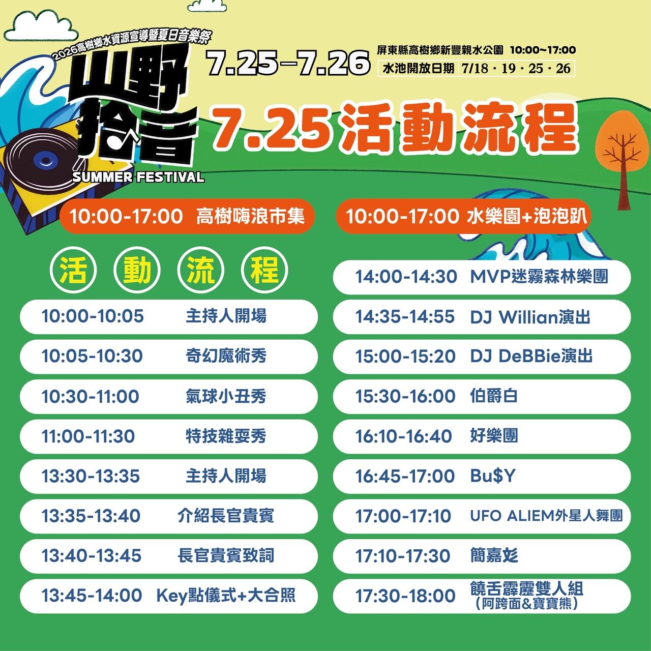 ▲▼屏東縣高樹鄉將於7月25日至26日在新豐親水公園舉辦「2026高樹鄉水資源宣導暨夏日音樂祭-山野拾音」,活動免費入場。(圖/屏東縣高樹鄉公所提供)