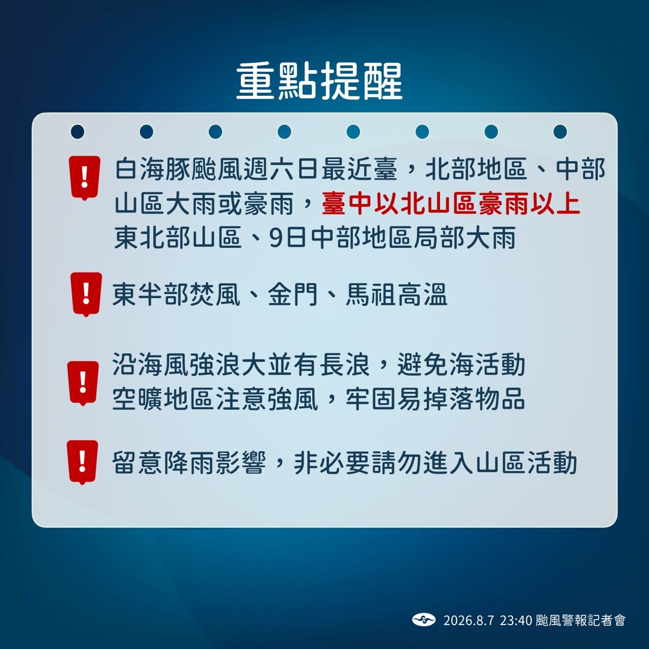 ▲▼8/7 23:40中度颱風白海豚記者會。(圖/中央氣象署)