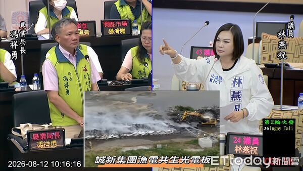 ▲台南市議會國民黨團質疑誠新光電集團相關場址連續2天發生火警,要求市府全面清查漁電共生及土地使用情形。(記者林東良翻攝,下同)