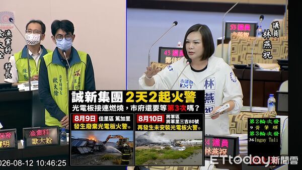 ▲台南市議會國民黨團質疑誠新光電集團相關場址連續2天發生火警,要求市府全面清查漁電共生及土地使用情形。(記者林東良翻攝,下同)